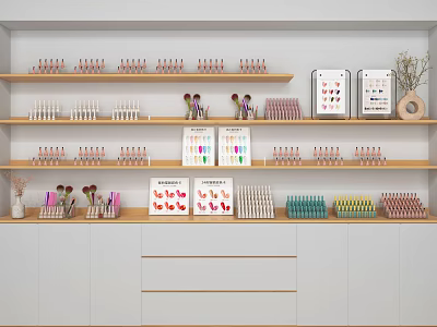 Organized Stationery Display On Wooden Shelves With Colorful Pens Notebooks And Signs 3d model