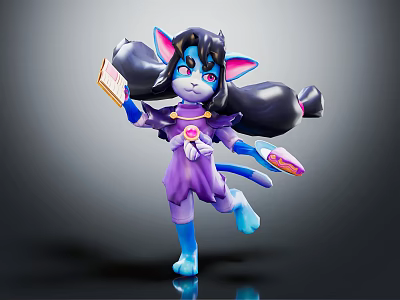 Cat Eared Character In Purple Outfit Holding Book With Colorful Weapon And Dynamic Pose 3d model