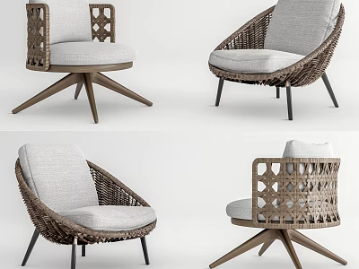 Elegant Wicker Outdoor Chair With Wooden Swivel Base And Gray Cushions 3d model