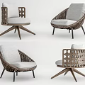 Elegant Wicker Outdoor Chair With Wooden Swivel Base And Gray Cushions