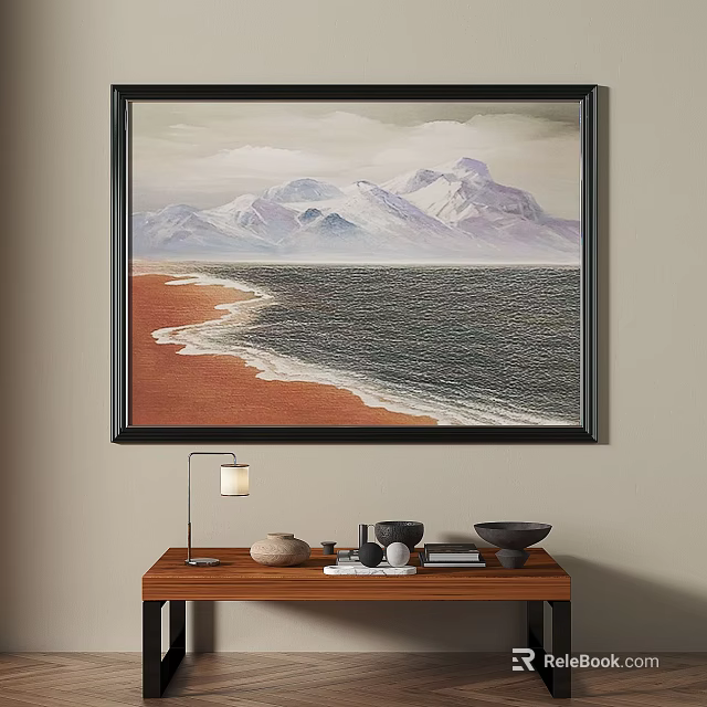 Abstract Painting with Ocean Waves Sandy Beach and Snowy Mountains in Interior Wall Art 3d model 