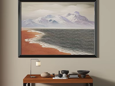 Abstract Painting with Ocean Waves Sandy Beach and Snowy Mountains in Interior Wall Art 3d model