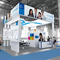 FLEXSPACE Coworking Exhibition Booth with Blue White Design Display Screens People Photos and Interacting