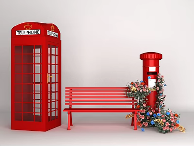 Floral Display with Red Telephone Booth Bench and Postbox Decorated with Colorful Flowers 3d model
