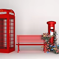 Floral Display with Red Telephone Booth Bench and Postbox Decorated with Colorful Flowers