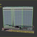 Tall Modern Building Model Featuring Glass Windows Yellow Base And Green Plants