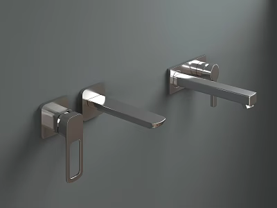 Two Modern Chrome Wall Mounted Faucets Installed On Gray Wall With Sleek Design 3d model