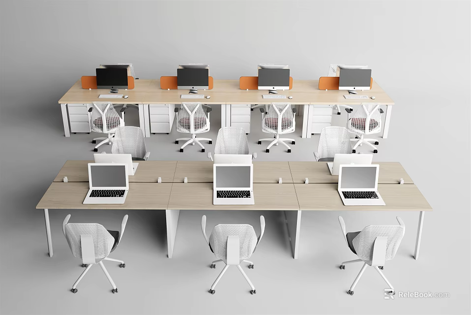 Modern Office Workstations With Wooden Desks White Chairs And Multiple Computers 3d model 