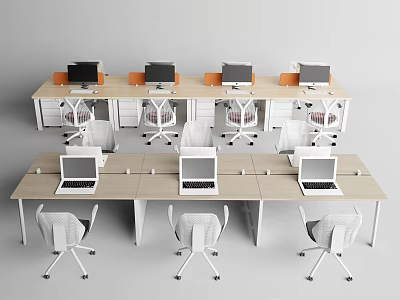 Modern Office Workstations With Wooden Desks White Chairs And Multiple Computers 3d model