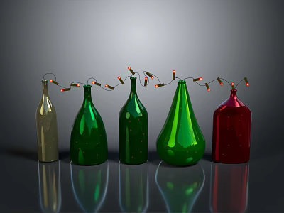 Colorful Glass Bottles With Illuminated String Lights In Decorative Arrangement 3d model