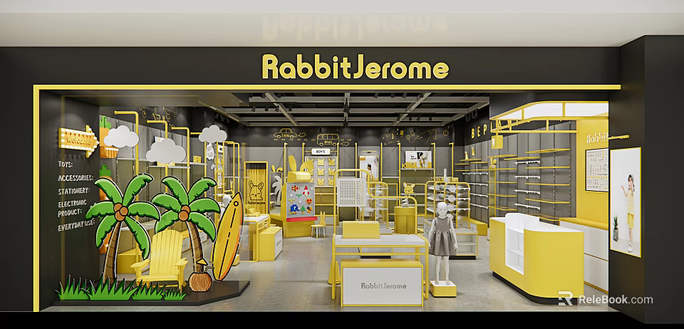 RabbitJerome Clothing Store Featuring Yellow Decor And Cartoon Display Mannequins 3d model 