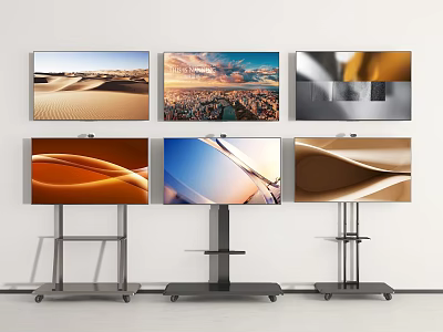 Modern Televisions On Stands Showing Different Screens In Minimalist Room 3d model