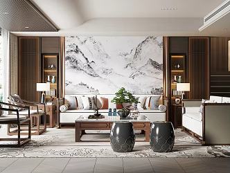 New Chinese Style Living Room Sofa Coffee Table Combination Green Plant Ornaments Table Lamp Background Wall 3d model