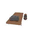 Modern Brown Leather Walnut And Black Metal Stool With Gray Cushion And Throw Blanket