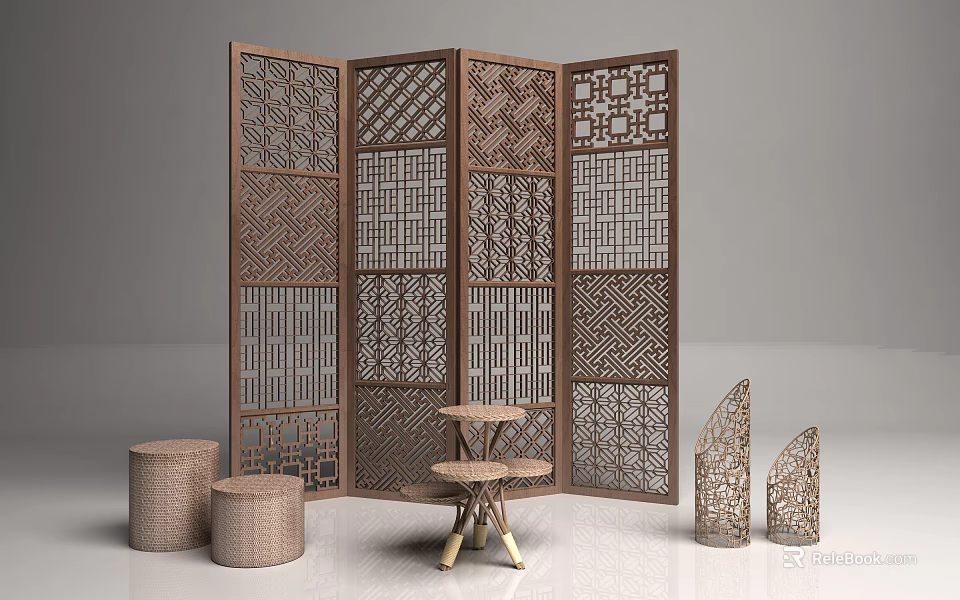 Elegant Wooden Room Divider Screen With Intricate Laser Cut Patterns And Small Decorative Stools Lanterns 3d model