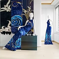 Fashion Models Posing In Blue Floral Pattern Dresses In Modern Interior Space