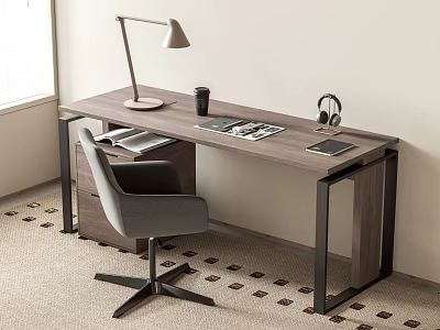 Modern Office Desk And Chair Set With Wooden Top Metal Legs And Desk Lamp Accessories 3d model
