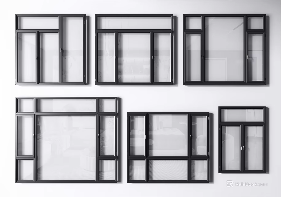 Casement Windows in Various Styles With Black Frames And Clear Glass 3d model