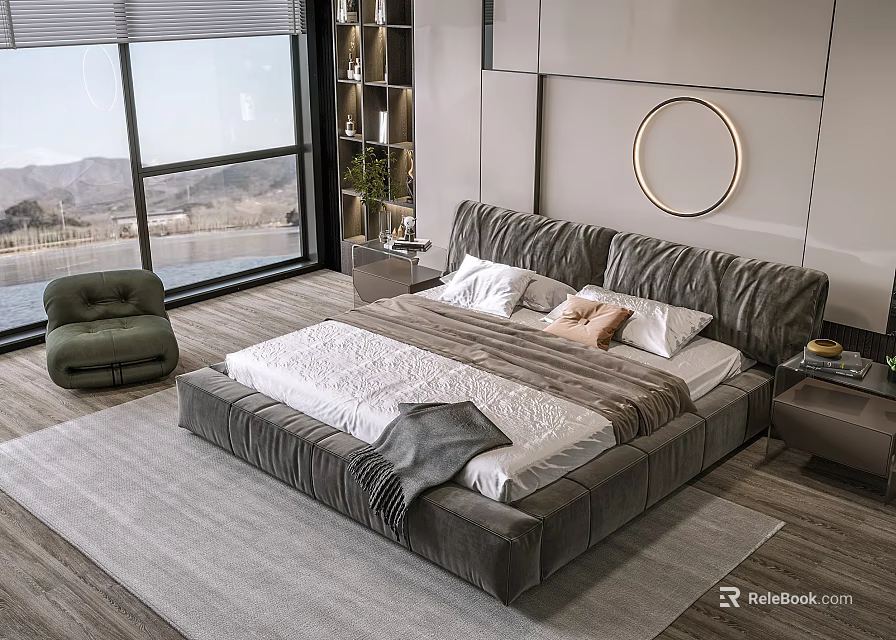 Modern Bedroom Double Bed with Gray Headboard White Bedding and Floor to Ceiling Window View 3d model 