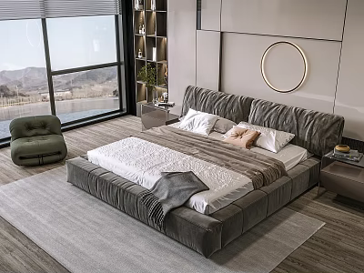 Modern Bedroom Double Bed with Gray Headboard White Bedding and Floor to Ceiling Window View 3d model