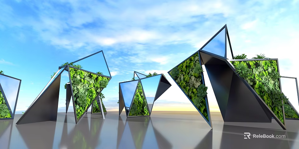 Modern Geometric Vase Adorned With Lush Green Plants For Contemporary Home Decor 3d model 