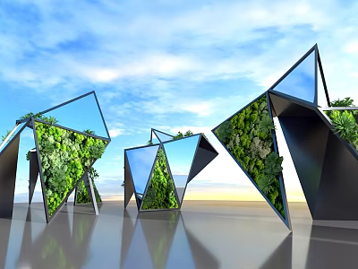 Modern Geometric Vase Adorned With Lush Green Plants For Contemporary Home Decor 3d model