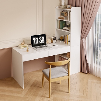 French Cream Style Desk and Chair Combination Bookcase Table Computer Table and Chair Learning Table and Chair Display Decoration Green Plant Books 3d model