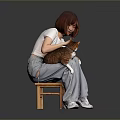 Woman Sitting On Wooden Chair Holding Petting Cute Cat Against Gray Background