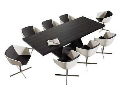 Modern Dark Wood Conference Table With Black And White Chairs And Open Book 3d model