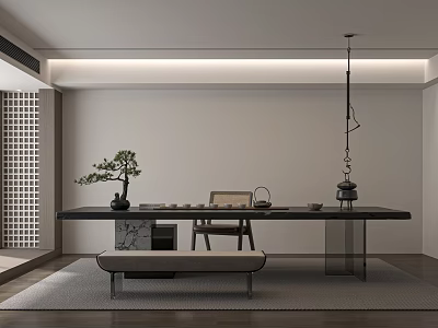 Modern Tea Table and Chairs Interior With Bonsai Plant and Tea Set 3d model