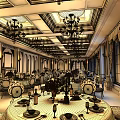Luxurious Restaurant With Ornate Ceiling Chandeliers Green Chairs Round Tables Tablecloths Tableware Vases And Candles