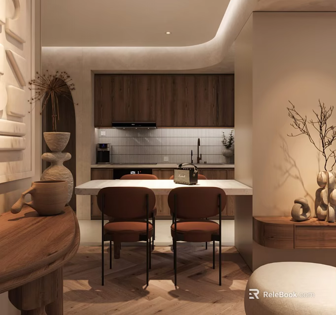 Warm Kitchen and Dining Area Interior With Wooden Cabinets Island Counter and Brown Chairs 3d model 