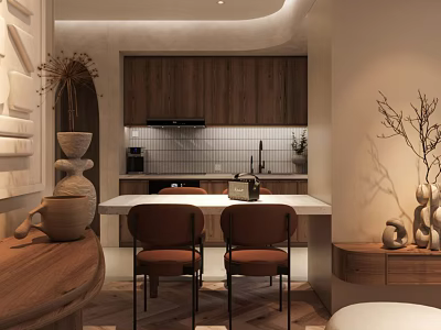 Warm Kitchen and Dining Area Interior With Wooden Cabinets Island Counter and Brown Chairs 3d model
