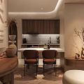 Warm Kitchen and Dining Area Interior With Wooden Cabinets Island Counter and Brown Chairs