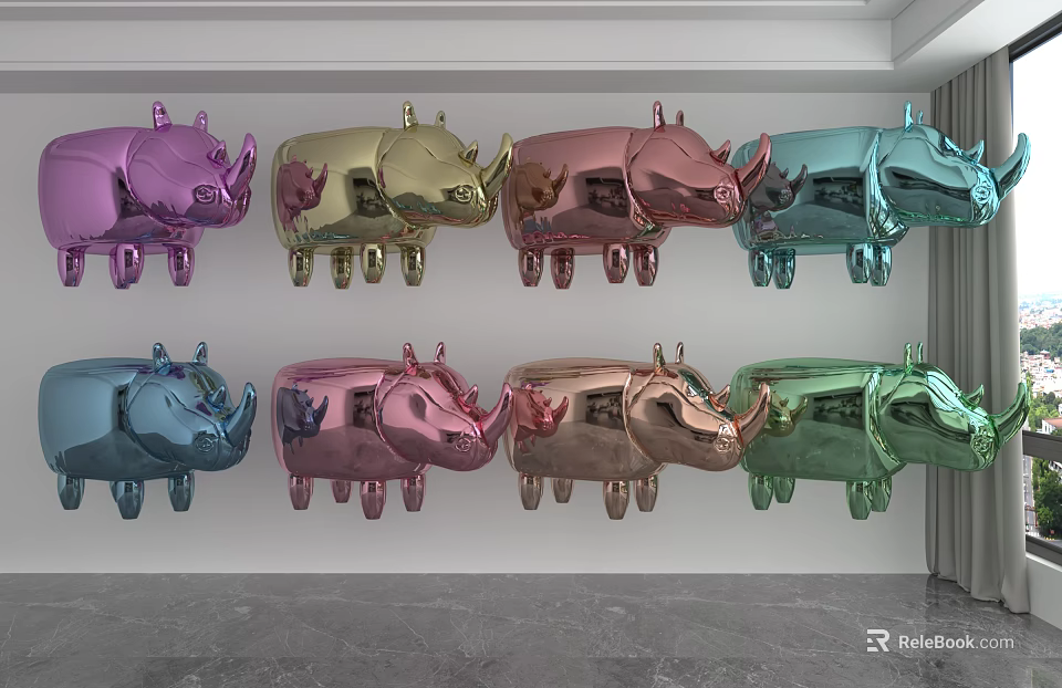 Multiple Colors Metallic Rhinoceros Decorations Hanging On Wall For Interior Decor 3d model 
