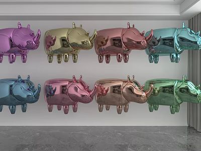 Multiple Colors Metallic Rhinoceros Decorations Hanging On Wall For Interior Decor 3d model