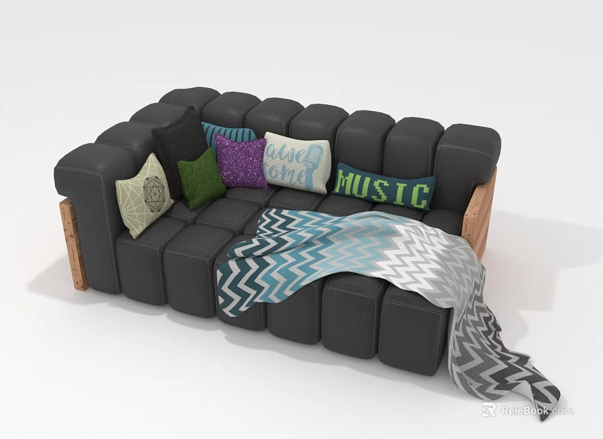Multi Person Black Sofa With Colorful Pillows And Patterned Blanket Design 3d model 