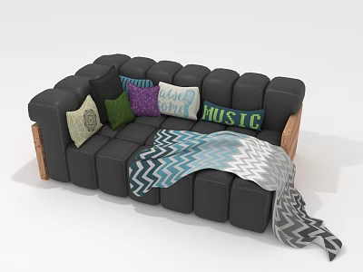 Multi Person Black Sofa With Colorful Pillows And Patterned Blanket Design 3d model