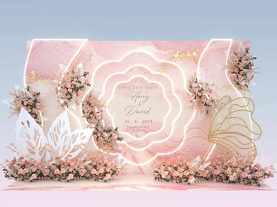 Wedding Photo Spot With Pink Backdrop Golden Text And Flower Decorations 3d model
