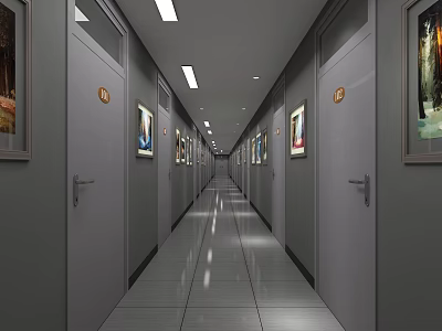 Hotel Corridor With Doors On Both Sides Room Numbers Paintings And Shiny Tiled Floor 3d model