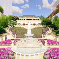 European Style Architecture Complex With Clock Tower And Garden Landscape