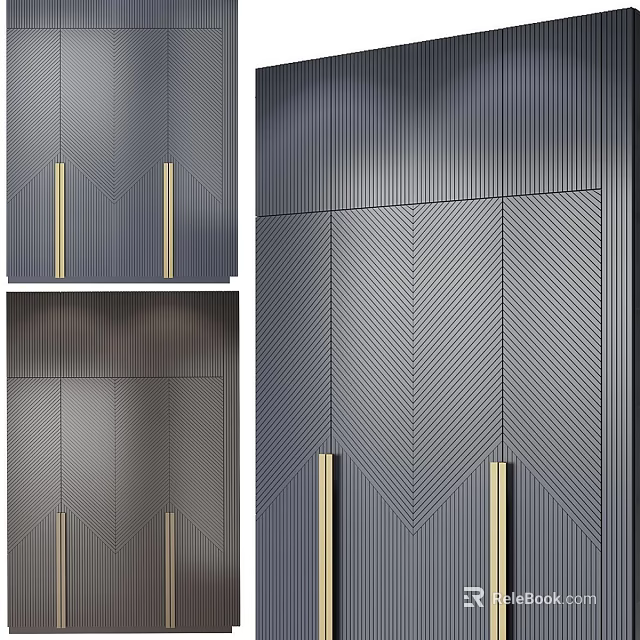 Modern Gray Wardrobe Design With Textured Panels And Golden Handles 3d model 