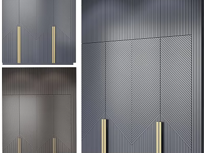 Modern Gray Wardrobe Design With Textured Panels And Golden Handles 3d model