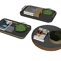 Decorative Ornament Set With Rectangular Round Trays Small Potted Plants And Magazines 3d model