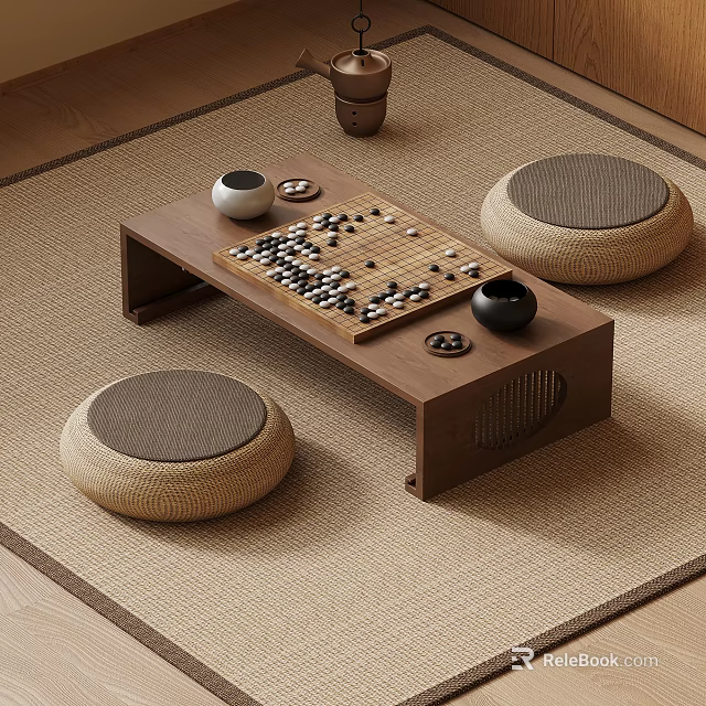 Traditional Wooden Go Table with Board Stones Woven Cushions and Tea Cups on Rug 3d model 
