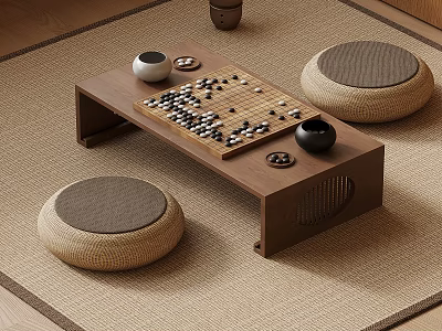 Traditional Wooden Go Table with Board Stones Woven Cushions and Tea Cups on Rug 3d model
