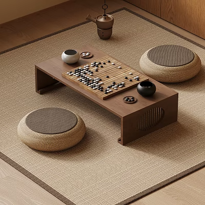 Traditional Wooden Go Table with Board Stones Woven Cushions and Tea Cups on Rug 3d model