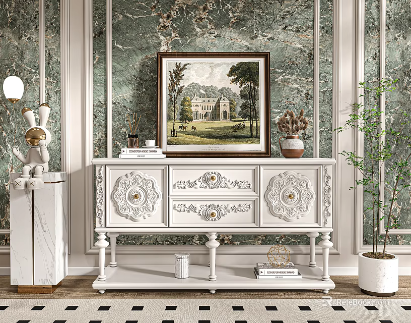 Elegant Vintage Entryway Console Table Side Cabinet With Carved Details Framed Painting And Potted Plant 3d model 