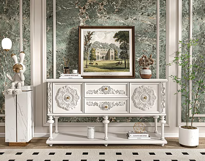 Elegant Vintage Entryway Console Table Side Cabinet With Carved Details Framed Painting And Potted Plant 3d model