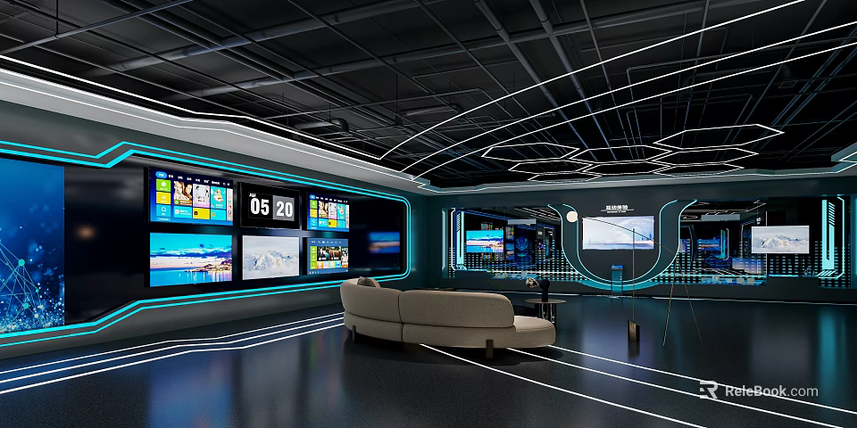 High Tech Control Room With Multiple Screens Sofa Black Floor And Blue Lighting 3d model 